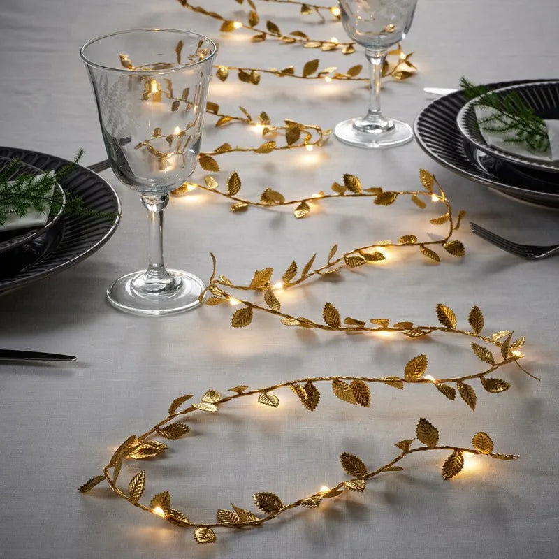 2M 20LED Golden Leaves String Fairy Lights For Wedding Birthday Party Decoration Home Garden Artificial Plant Garland Vine Light