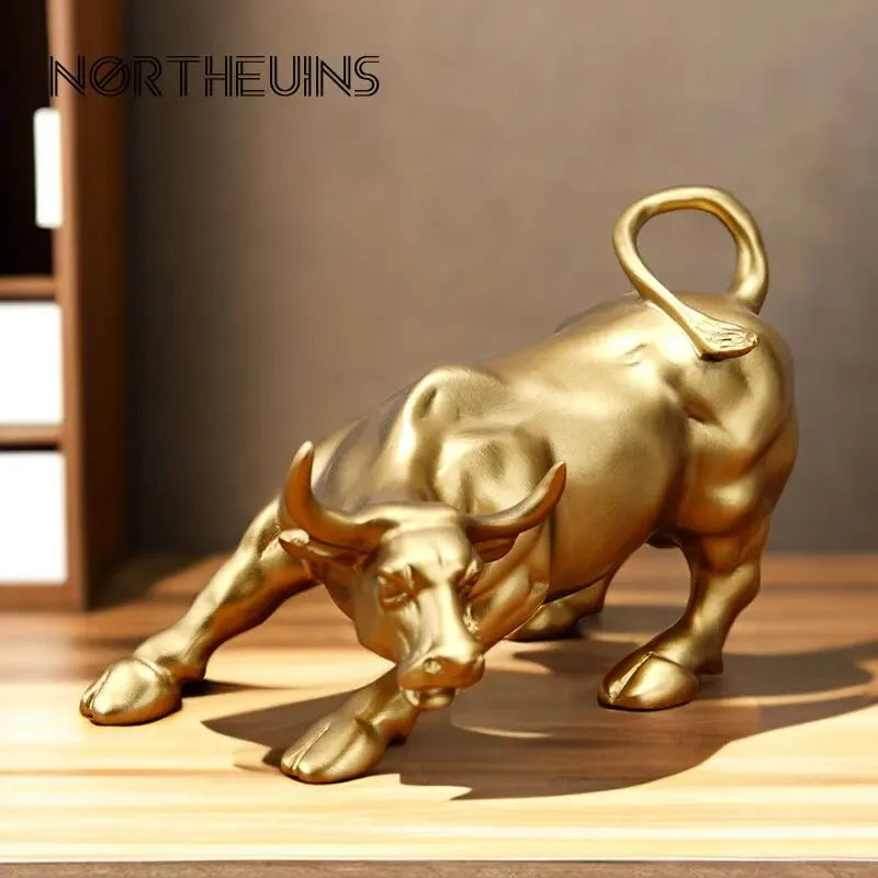 NORTHEUINS Wall Street Bull Market Resin Ornaments Feng Shui Fortune Statue Wealth Figurines For Office Interior Desktop Decor